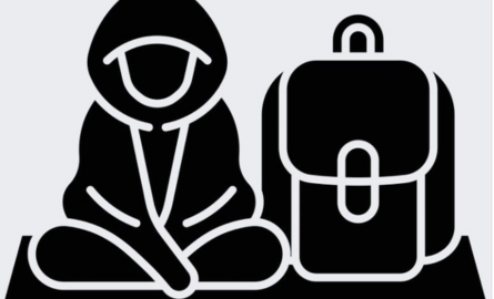 an illustrated icon of a man sitting cross legged beside a backpack