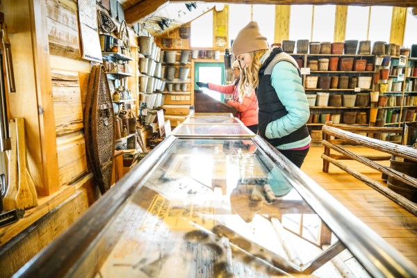 two visitors look at museum displays