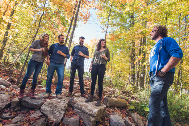 Five people enjoying the camaraderie of nature, sharing refreshing beers amidst the serene beauty of the woods