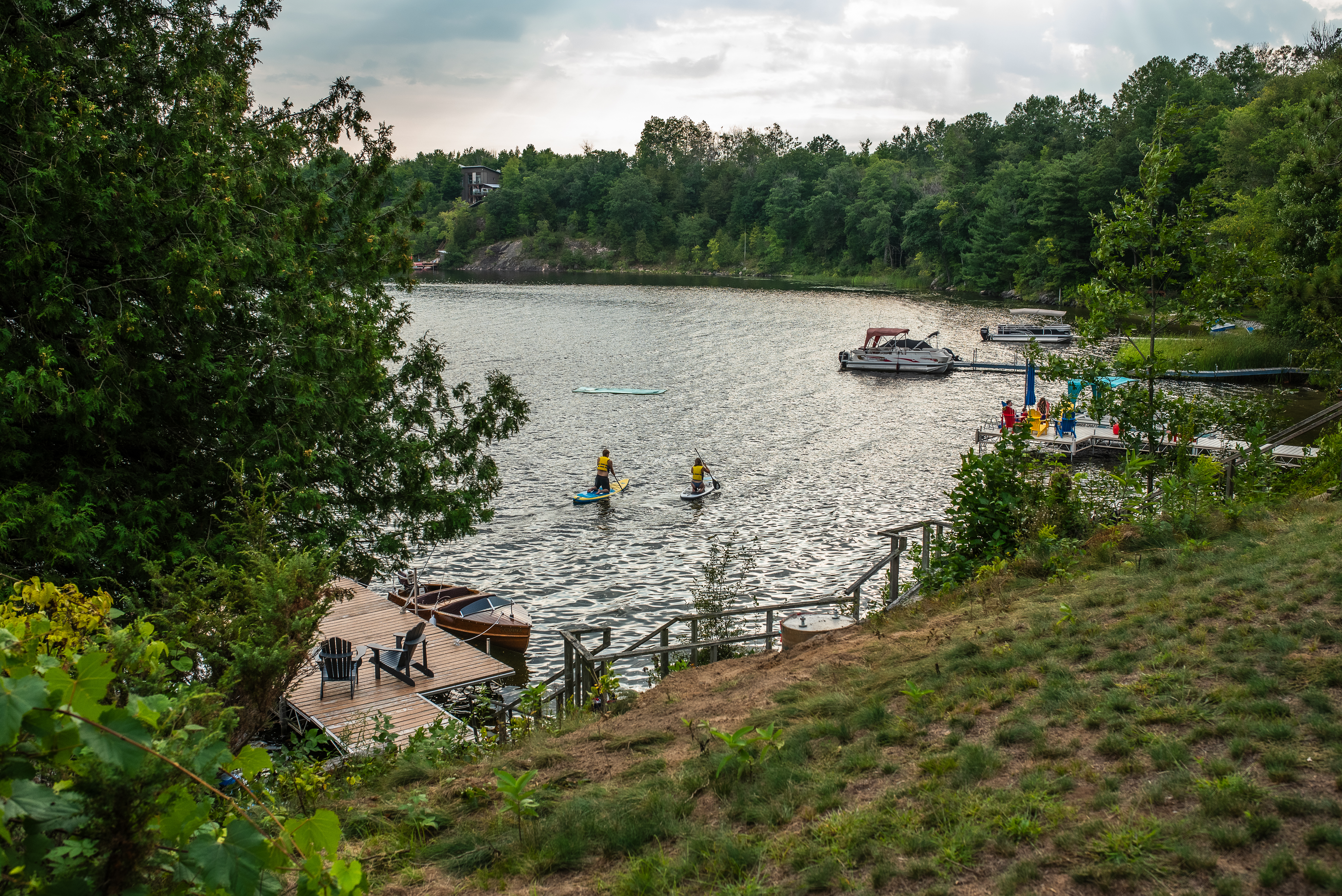Children using stand up paddle boards on a lake. 