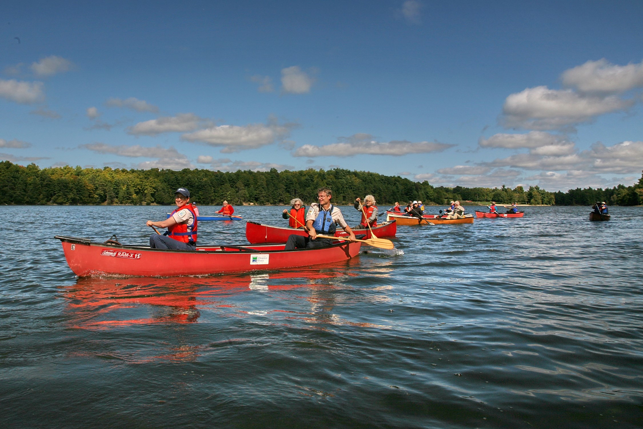 a group of people paddling on a river