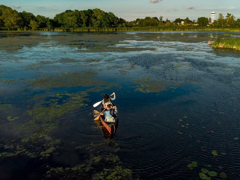 two people canoeing in a lake 