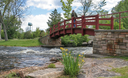 a red bridge in Stewart Park