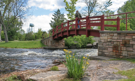 a man walking across a red wooden bridge in a lush green park