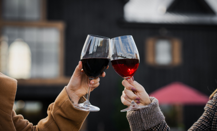 two hands holding glasses of red wine