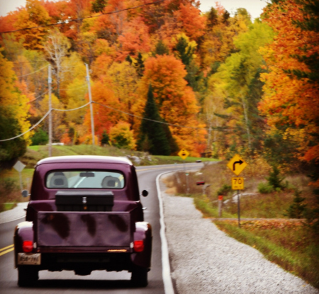 a truck drives along a country road in the fall