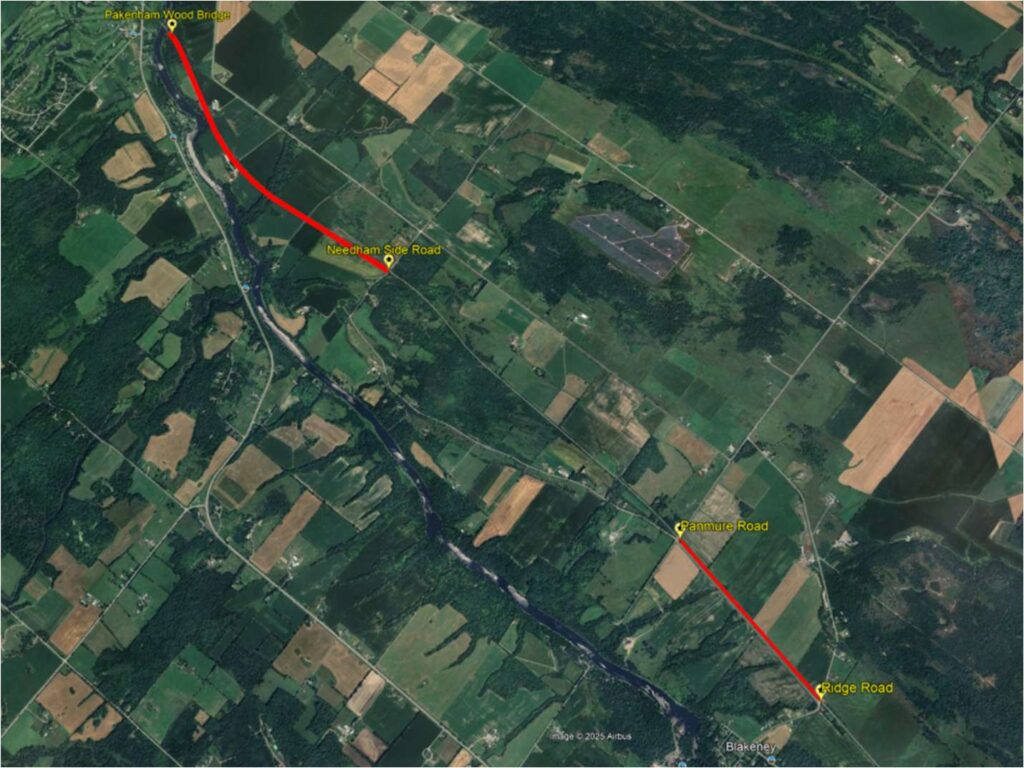 a map showing the area of OVRT closure from Ridge Road to Pakenham Bridge over the Mississippi