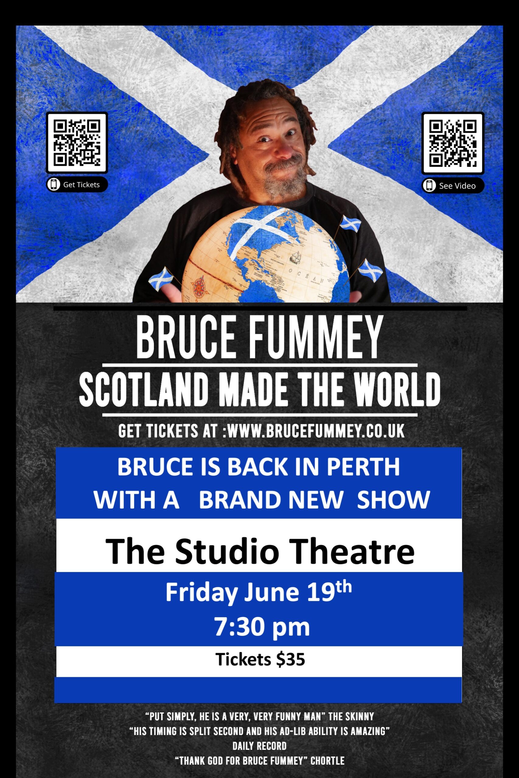 Poster for Bruce Fummey’s Scotland Made the World show at The Studio Theatre on Friday June 19 at 7:30 p.m., tickets $35